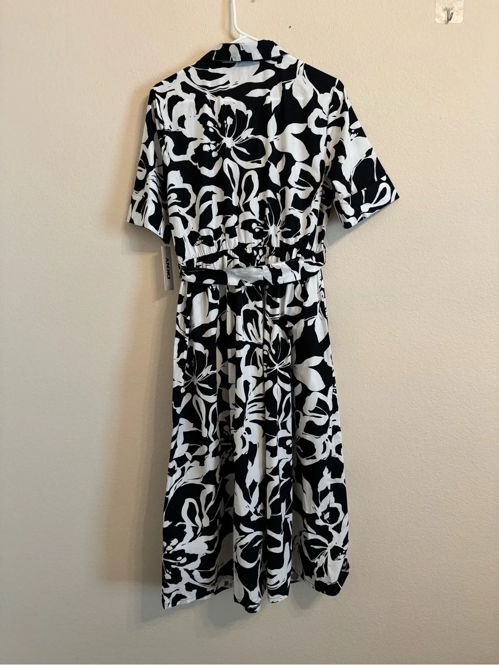 DKNY Elbow Sleeve Collared Neck Button-Front Belted Floral Midi Shirt dress
